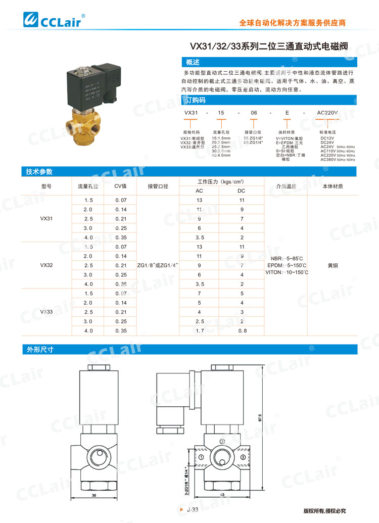 VX31、32、33系列二位三通直動式電磁閥